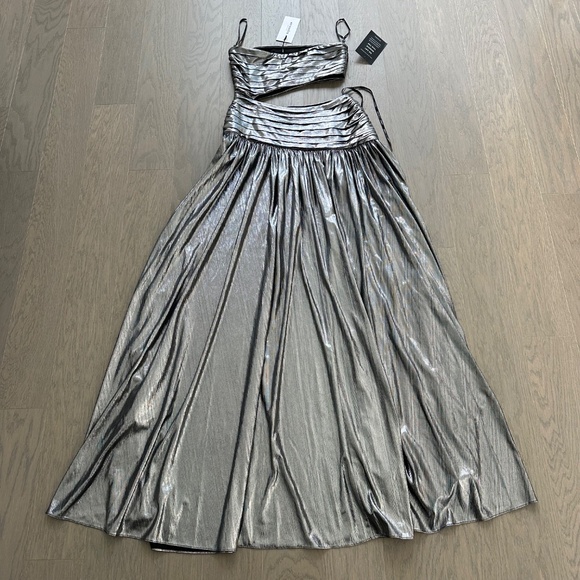 Retrofete KENNA Gunmetal Silver Metallic Lame Maxi Dress Strapless Cut Out NWT - Picture 3 of 14